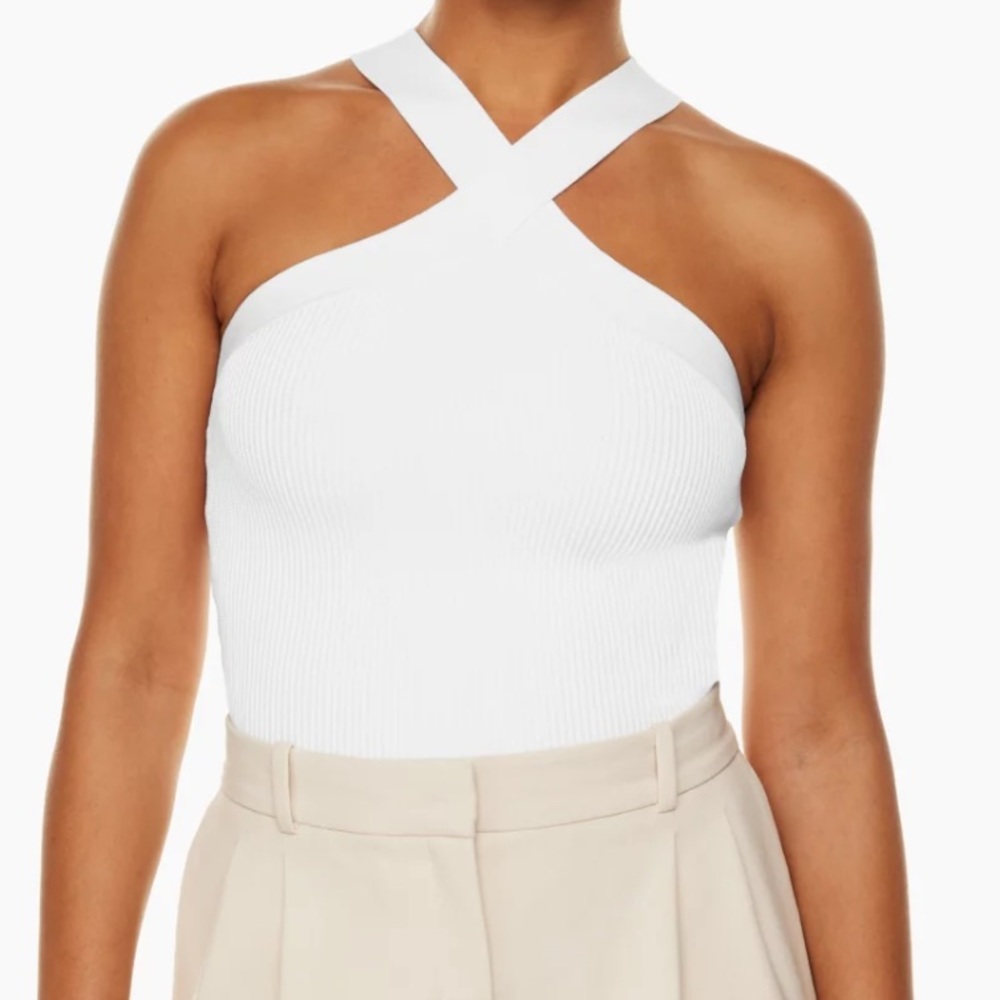Babaton White Ribbed Cross-Neck Tank Top